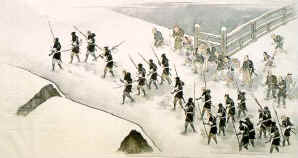 March of the 47 Loyal Ronin through Edo to Sengakuji Temple, following the capture and beheading of Lord Kira.